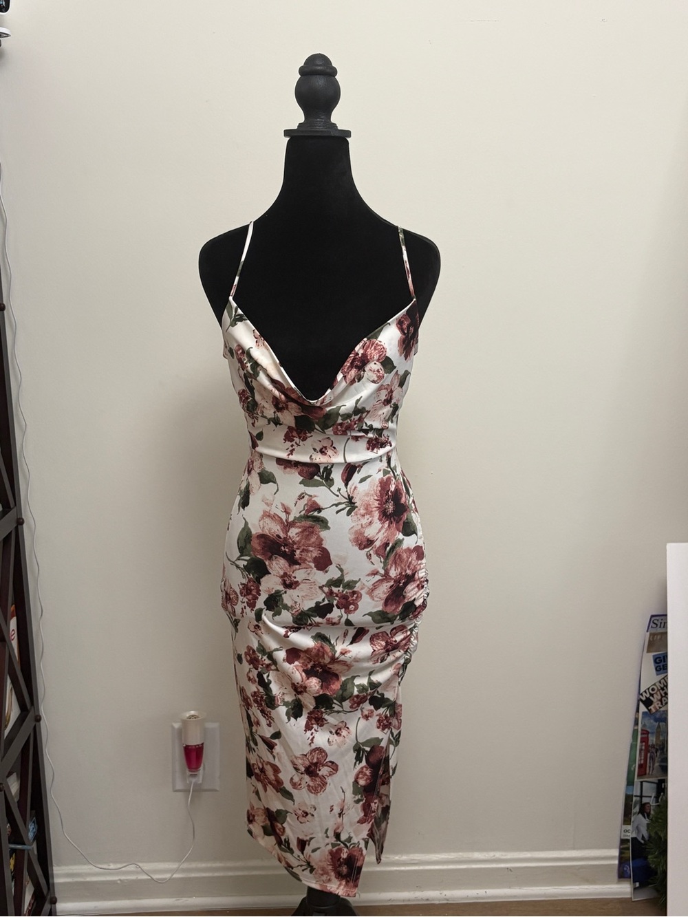 Windsor White Satin Cowl Midi Dress with Pink Floral Print